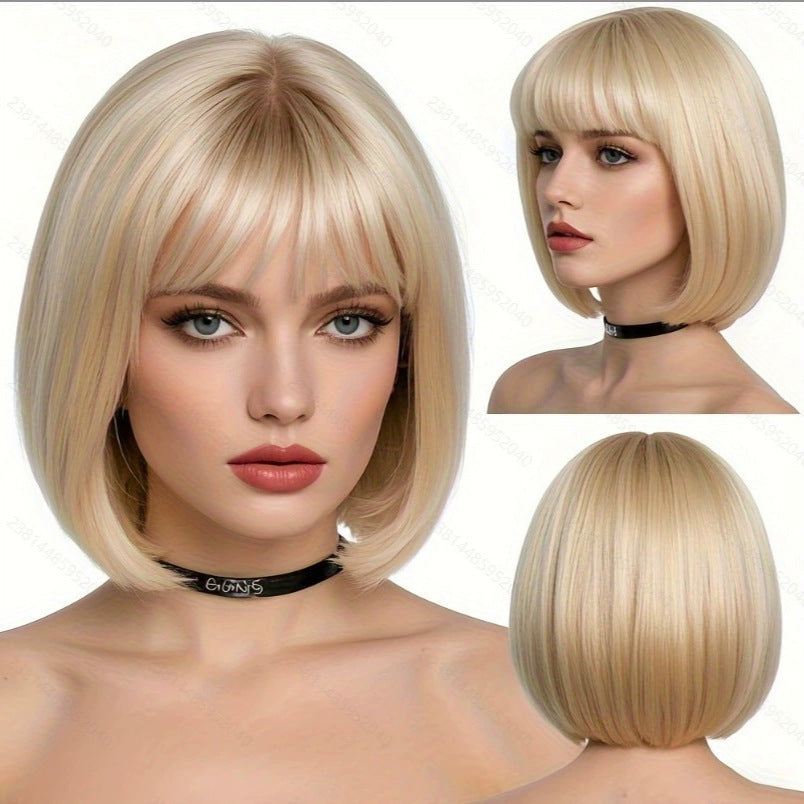 New European And American-style Women's Bob Wig With Blunt Bangs And Straight Hair