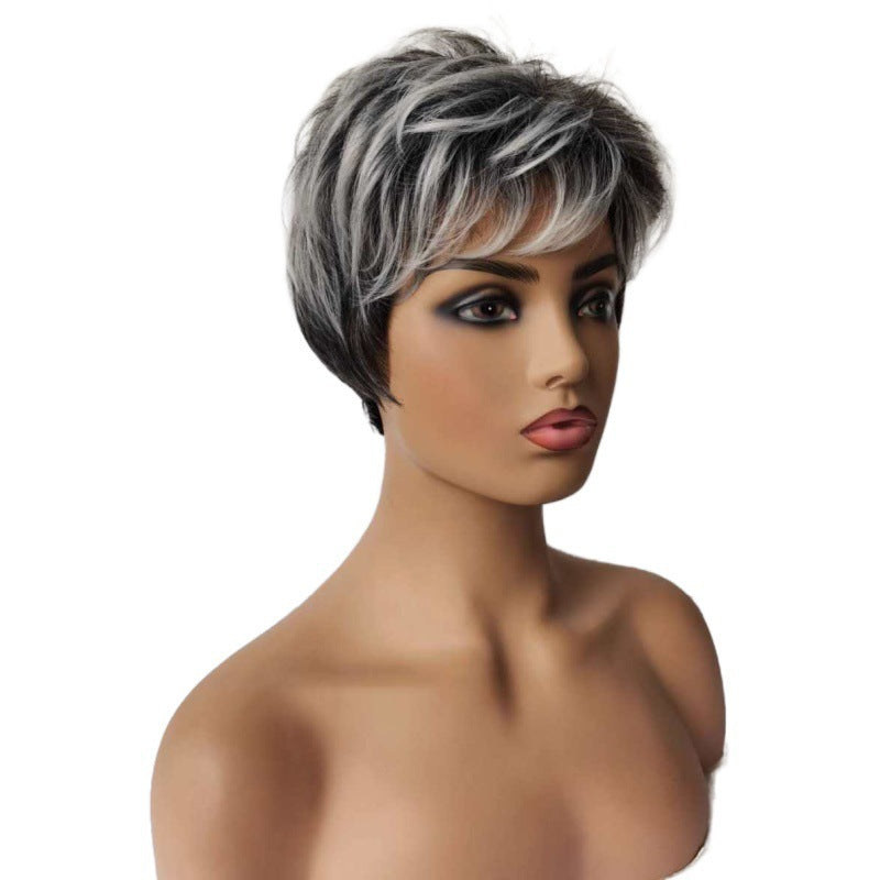 Fashionable Gradient Gray-White Women's Short Curly Wig With Side Part Made From High-Temperature Synthetic Hair