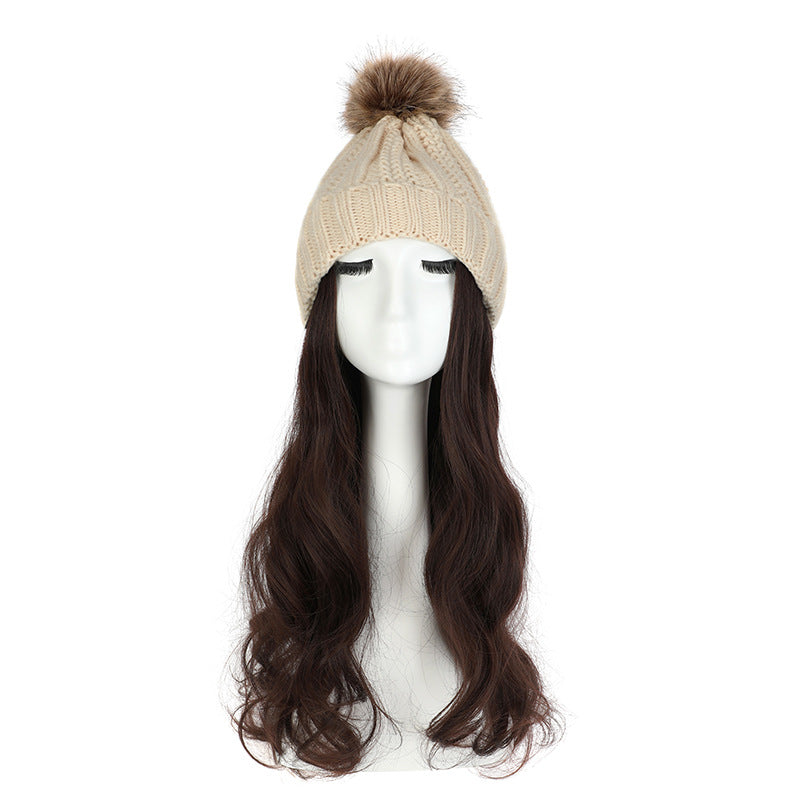 Women's Hat Wig Detachable Woolen Cap