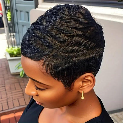 Women's Elegant Elf Haircut Non-toxic Wig - Brazilian Remy Real Hair, Natural Color, Short Straight Hair, All Machine-made, With Buckle Cap.