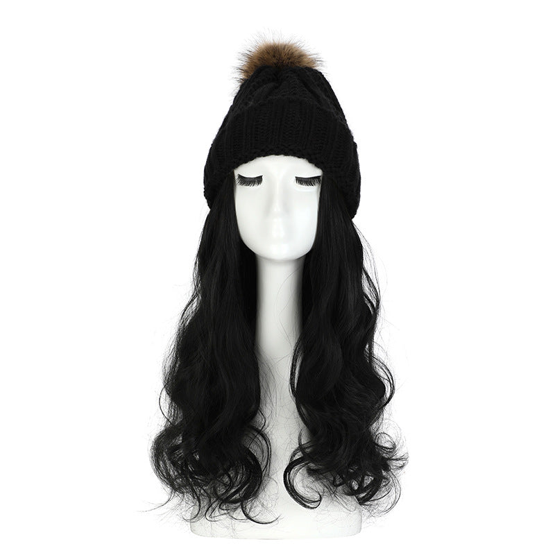 Women's Hat Wig Detachable Woolen Cap