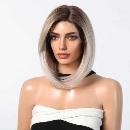 Large Area Front Lace Medium Short Straight Hair Bob Haircut Natural Realistic Wig
