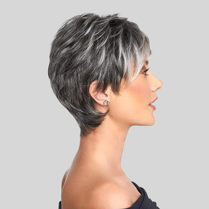 Fashionable Gradient Gray-White Women's Short Curly Wig With Side Part Made From High-Temperature Synthetic Hair