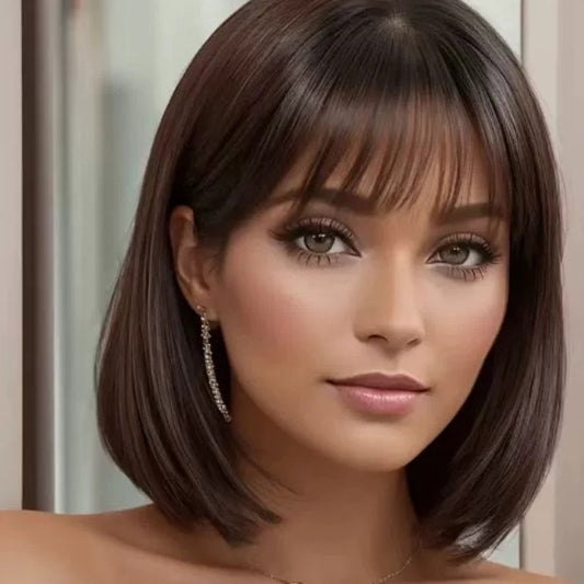 New European And American-style Women's Bob Wig With Blunt Bangs And Straight Hair