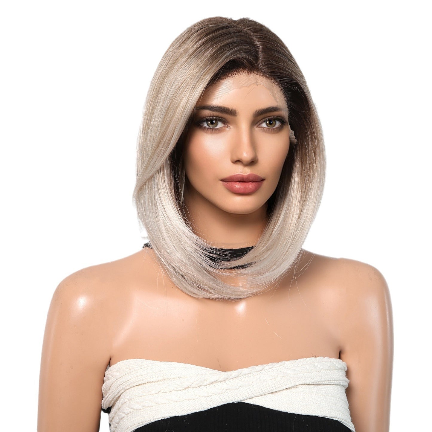 Large Area Front Lace Medium Short Straight Hair Bob Haircut Natural Realistic Wig