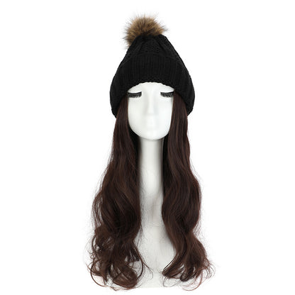 Women's Hat Wig Detachable Woolen Cap