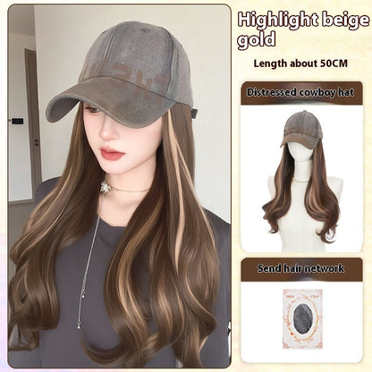 All-in-one American Retro Denim Peaked Cap Dyed Micro-roll Wig