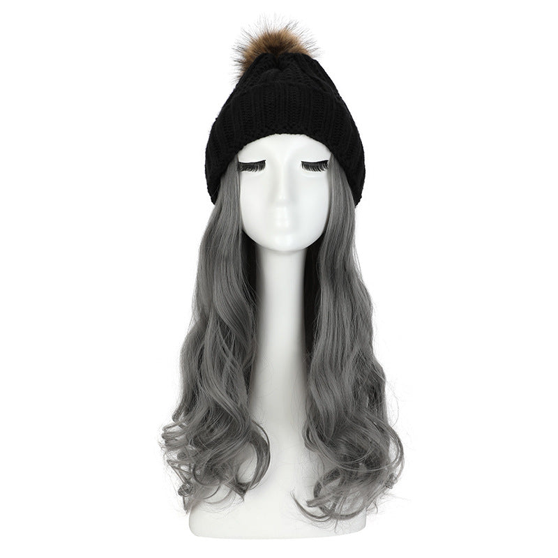 Women's Hat Wig Detachable Woolen Cap
