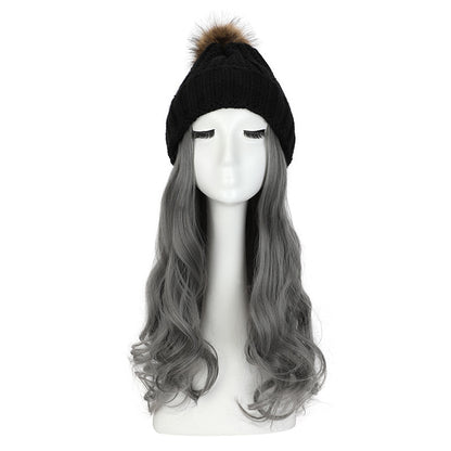 Women's Hat Wig Detachable Woolen Cap