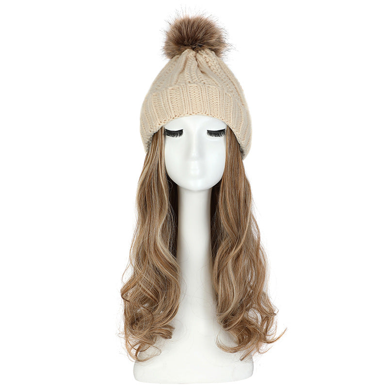 Women's Hat Wig Detachable Woolen Cap