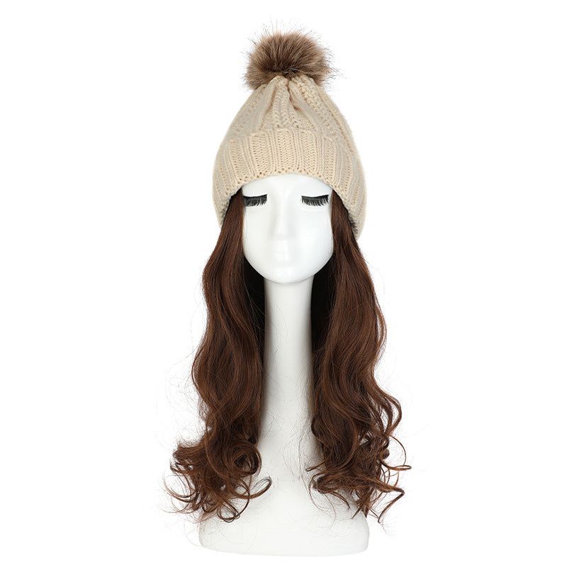 Women's Hat Wig Detachable Woolen Cap