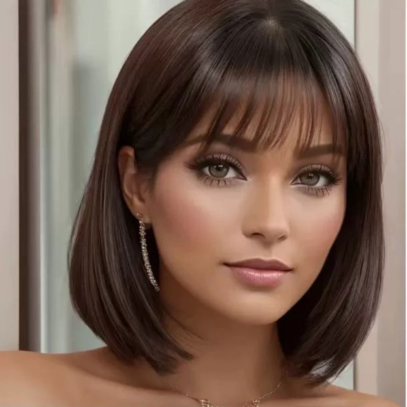 New European And American-style Women's Bob Wig With Blunt Bangs And Straight Hair
