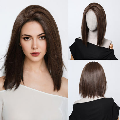 Large Area Front Lace Medium Short Straight Hair Bob Haircut Natural Realistic Wig