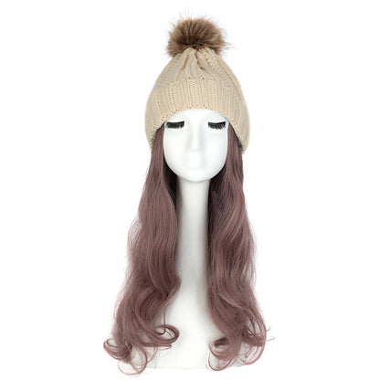 Women's Hat Wig Detachable Woolen Cap
