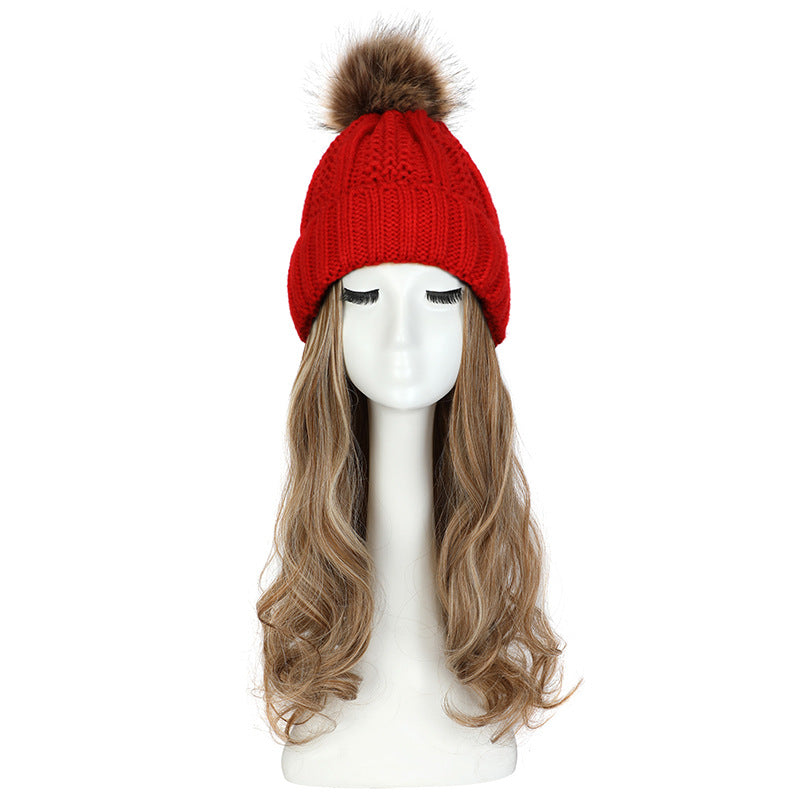 Women's Hat Wig Detachable Woolen Cap
