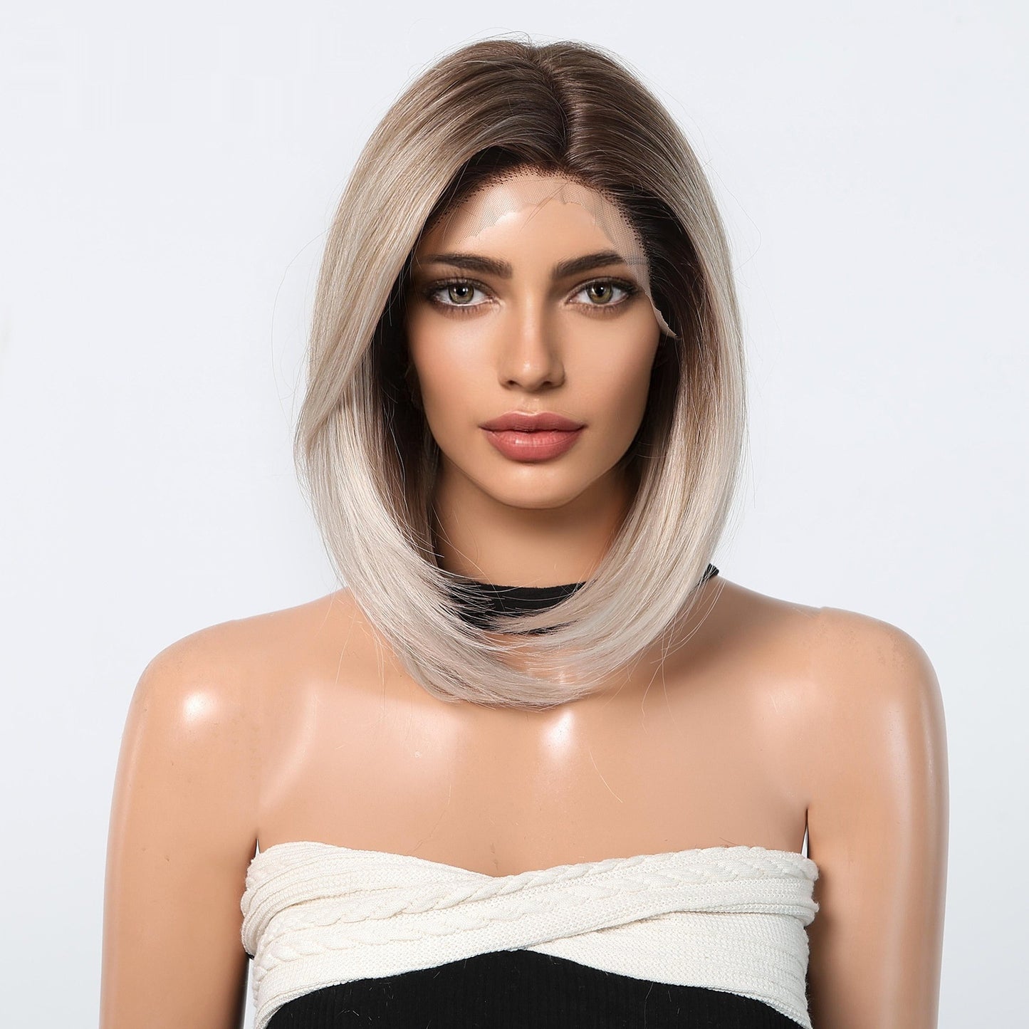 Large Area Front Lace Medium Short Straight Hair Bob Haircut Natural Realistic Wig