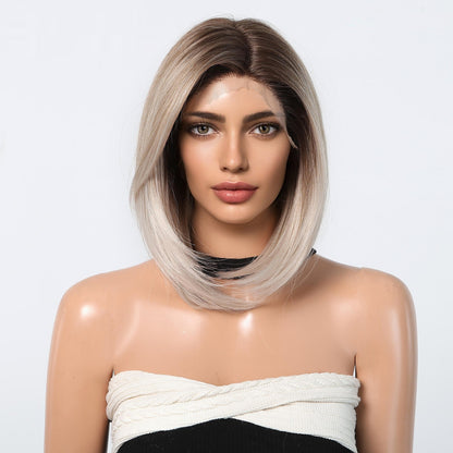 Large Area Front Lace Medium Short Straight Hair Bob Haircut Natural Realistic Wig