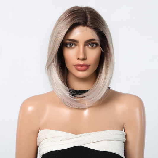 Large Area Front Lace Medium Short Straight Hair Bob Haircut Natural Realistic Wig