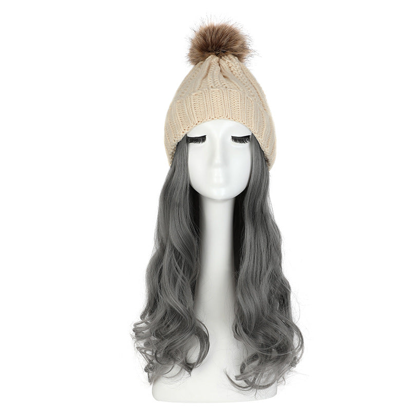 Women's Hat Wig Detachable Woolen Cap