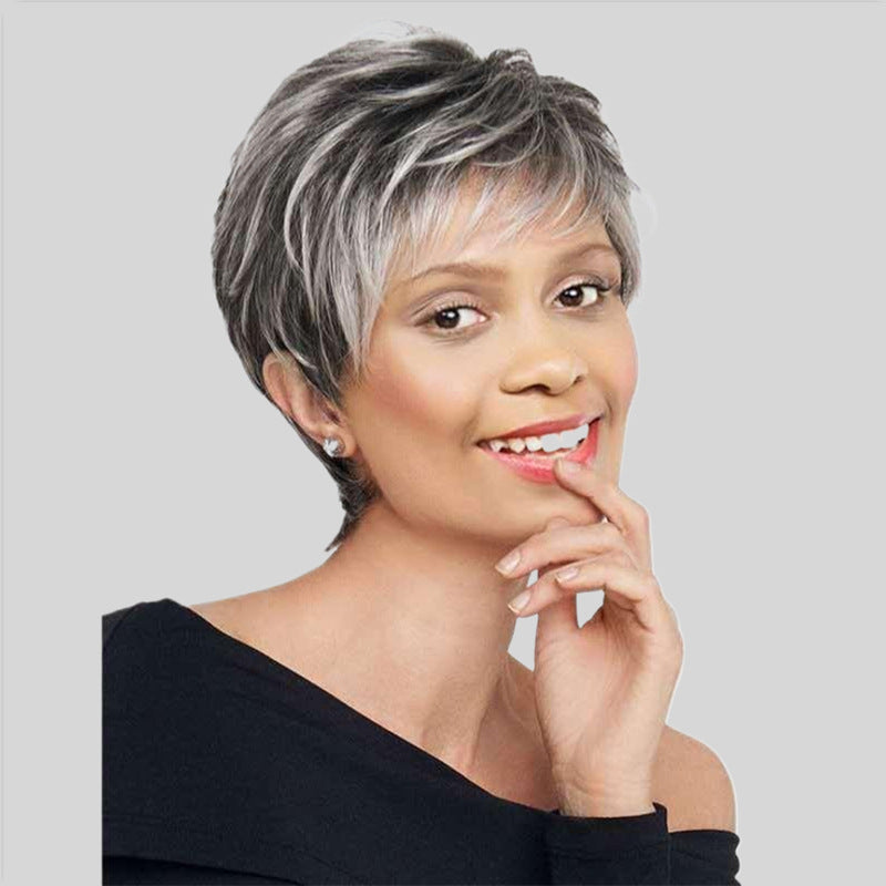 Fashionable Gradient Gray-White Women's Short Curly Wig With Side Part Made From High-Temperature Synthetic Hair