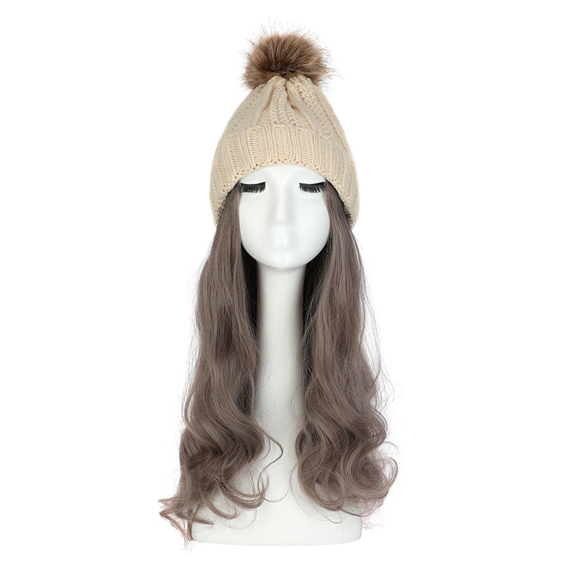 Women's Hat Wig Detachable Woolen Cap