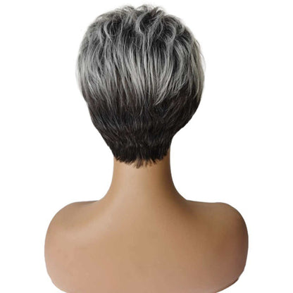 Fashionable Gradient Gray-White Women's Short Curly Wig With Side Part Made From High-Temperature Synthetic Hair